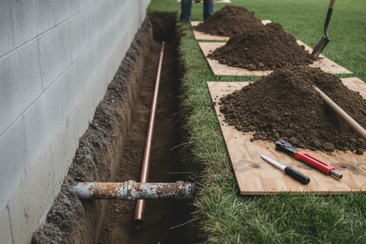 Excavated water line trench during Water Heater Repair in Greendale